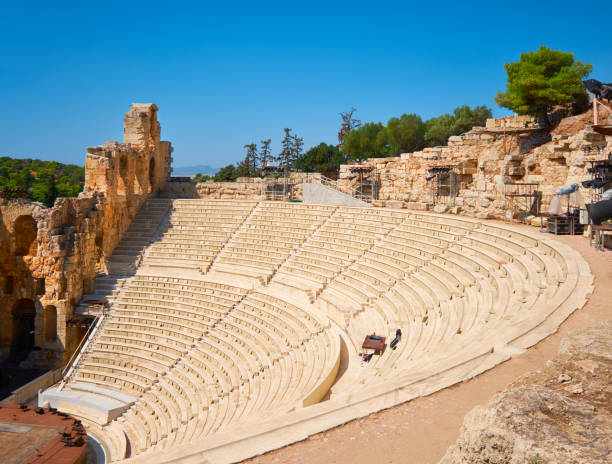 istock Panoramic image of ancient Greek theatre under Acropolis hill in Athens, Greece. Empty amphitheater on a sunny day with blue sky. 1185827626