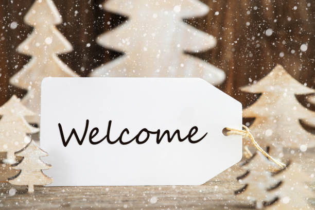 istock Christmas Tree, Label With English Text Welcome, Snowflakes 1185828367