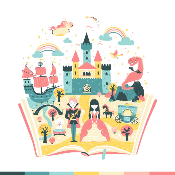 마법의 책은 동화입니다. 공주와 왕자의 이야기. 마법의 왕국. 심플한 손으로 그린 스칸디나비아 스타일의 베토나야 일러스트 - 동화 일러스트 stock illustrations