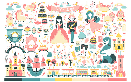 Princess Set. Fairy kingdom, prince, fairy, unicorn, dragon, castles, carriage, and much more. Vector illustration in cartoon Scandinavian style. Perfect for invitations, cards textile prints