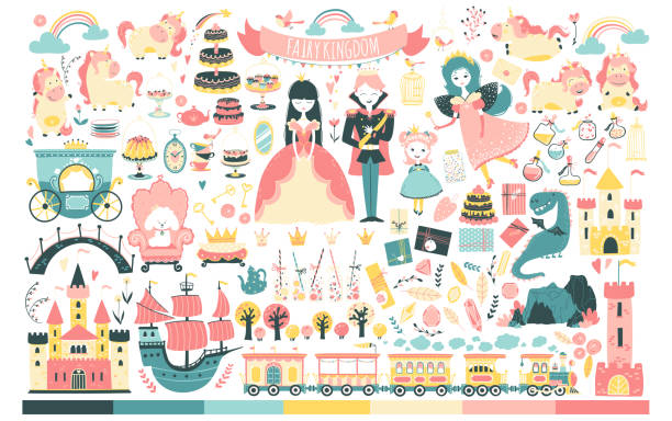 Princess Set. Fairy kingdom, prince, fairy, unicorn, dragon, castles, carriage, and much more. Vector illustration in cartoon Scandinavian style. Perfect for invitations, cards, textile prints. Princess Set. Fairy kingdom, prince, fairy, unicorn, dragon, castles, carriage, and much more. Vector illustration in cartoon Scandinavian style. Perfect for invitations, cards textile prints coach background stock illustrations