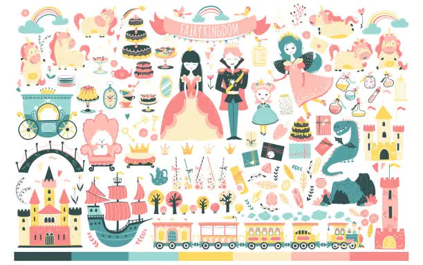 Vector illustration of Princess Set. Fairy kingdom, prince, fairy, unicorn, dragon, castles, carriage, and much more. Vector illustration in cartoon Scandinavian style. Perfect for invitations, cards, textile prints.
