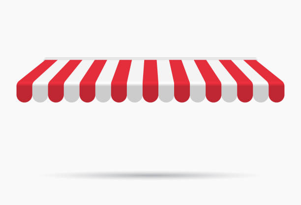 istock Awning canopy for shops, cafes and street restaurants. Striped red and white sunshade. Vector illustration. Outside canopy from the sun. 1185834719