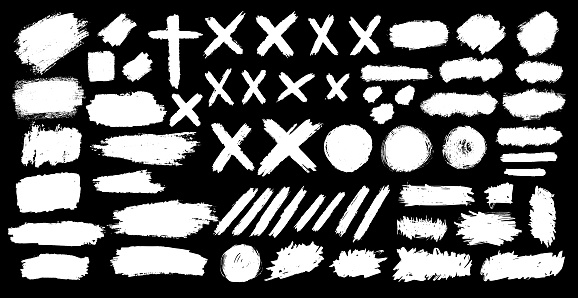 set of spots, lines, crosses, circles, banners and hand-painted lines.  Irregular drawing strokes. Vector brush stroke background. Texture and grunge style. Stain illustration. Isolated.