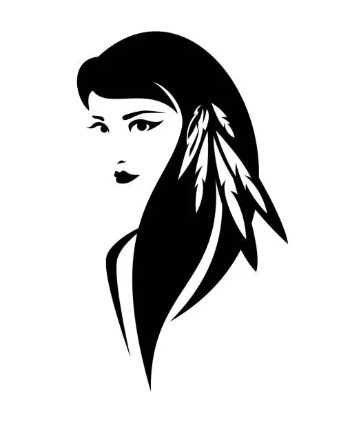 Vector illustration of native american indian woman black and white vector portrait