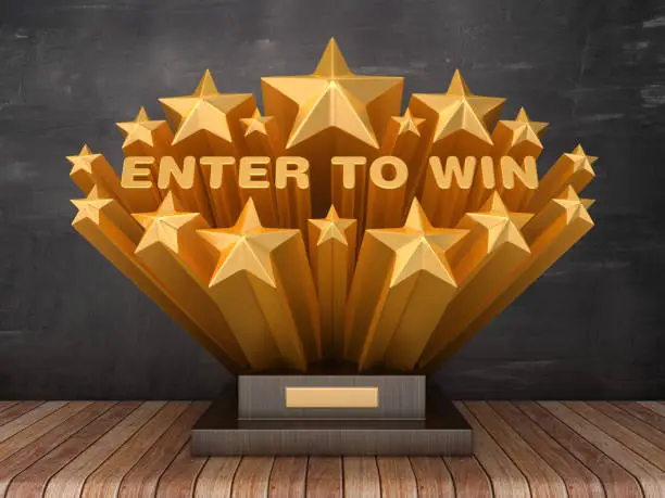 Photo of Gold Stars with ENTER TO WIN Phrase on Trophy - Chalkboard Background - 3D Rendering