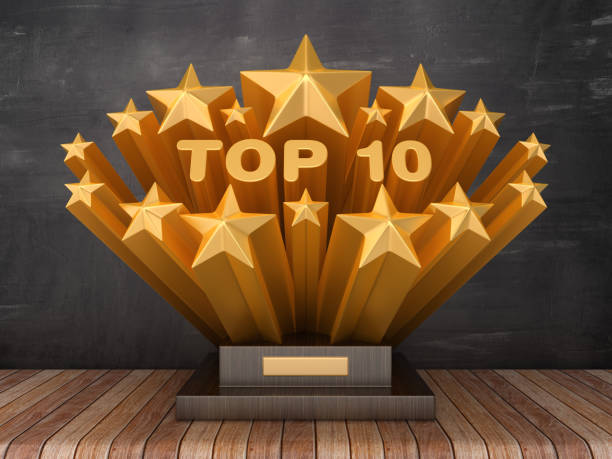 Gold Stars with TOP 10 Word  on Trophy - Chalkboard Background - 3D Rendering