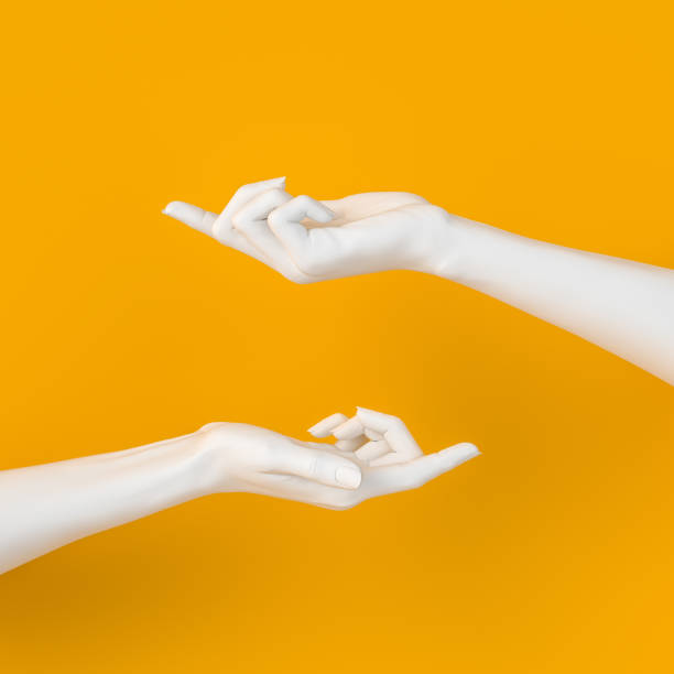 istock Showing hands. Index finger presenting gesture isolated on yellow background, female hand sculpture, art fashion concept, modern promo creative banner, 3d rendering, 1185842131