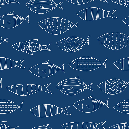 White fishes on navy blue background - Seamless Pattern