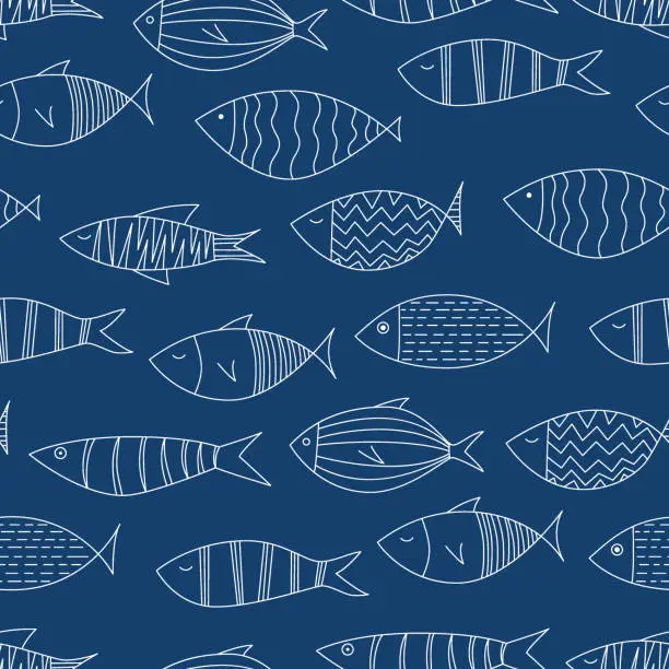 Vector illustration of White fishes on navy blue background - Seamless Pattern