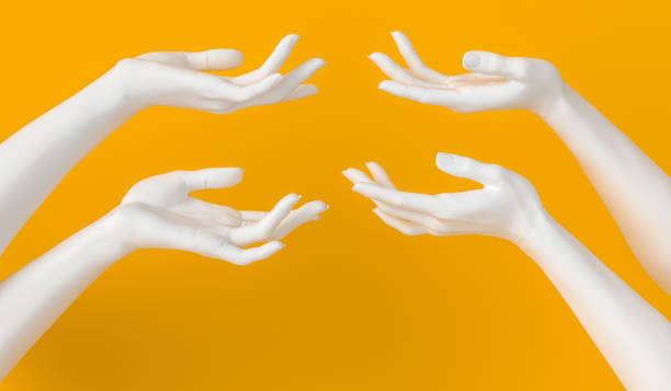 istock Showing hands set. White open palm presenting gesture isolated on yellow background, female hand sculpture, art fashion concept, modern promo creative banner, 3d rendering, 1185842268