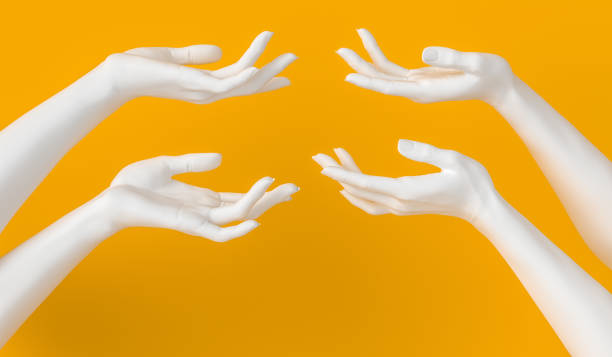 showing hands set. white open palm presenting gesture isolated on yellow background, female hand sculpture, art fashion concept, modern promo creative banner, 3d rendering, - sculpture art abstract white imagens e fotografias de stock