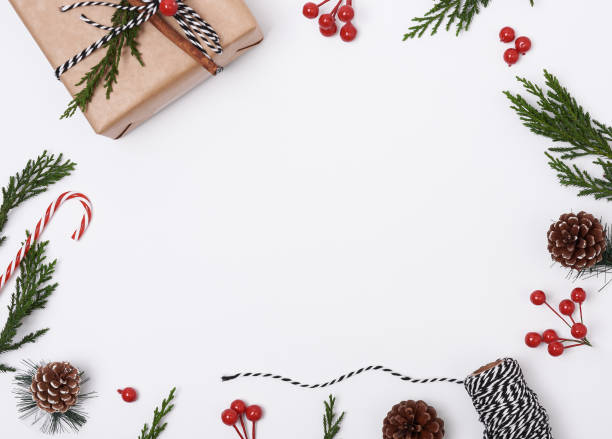 istock Christmas composition background with decorations and gift box on white background. winter, new year concept. Flat lay, top view, copy space. 1185842337