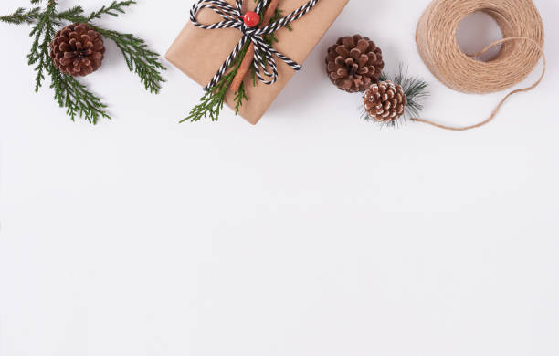 istock Christmas composition background with decorations and gift box on white background. winter, new year concept. Flat lay, top view, copy space. 1185842343