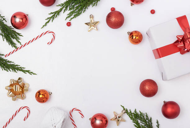 istock Christmas composition background with decorations and gift box on white background. winter, new year concept. Flat lay, top view, copy space. 1185842348
