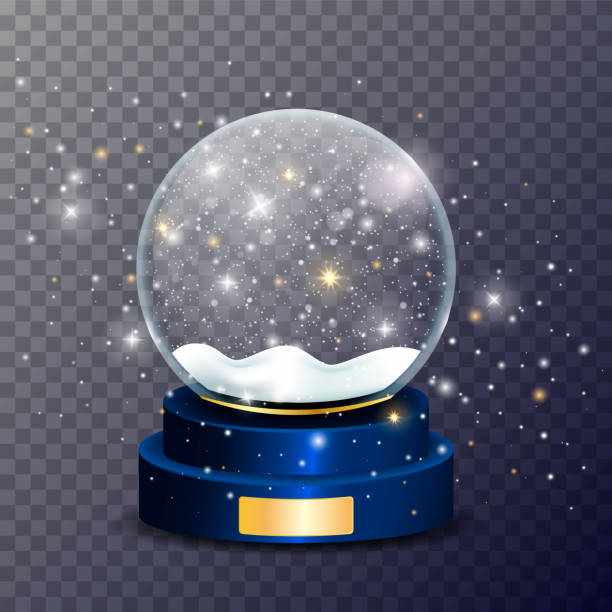 świąteczna kula śnieżna na ciemnym przezroczystym tle. szklana kula. ilustracja wektorowa. - snow globe dome glass transparent stock illustrations
