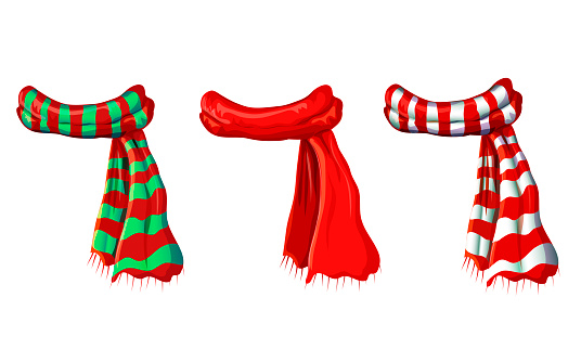 vector winter red scarf collection isolated on white background. illustration of red, green white striped scarves. christmas or holiday wool muffler icon set - winter warming clothes in cartoon style.