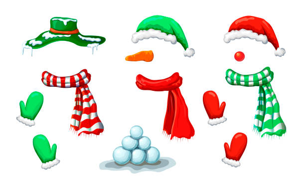 ilustrações de stock, clip art, desenhos animados e ícones de vector snowman face mask collection with accessory isolated on white. xmas holiday funny costume of snowman with various hats, scarves, mittens. christmas photo booth and props for creative design. - scarf hat green glove