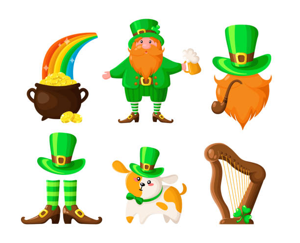 ilustraciones, imágenes clip art, dibujos animados e iconos de stock de dibujos animados del día de san patricio - st patricks day dog irish culture leprechaun