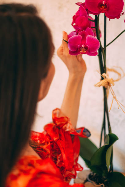 istock Woman Looking at Orchid Flower 1185847805
