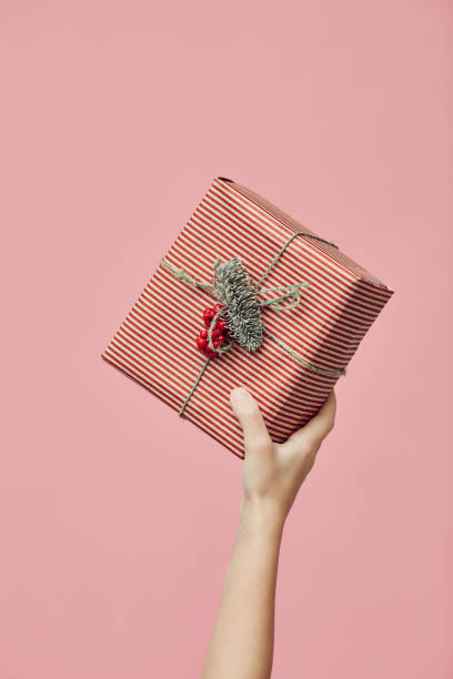 Girl holding present Close-up of female hand raising Christmas present up over pink background hand holding gift stock pictures, royalty-free photos & images
