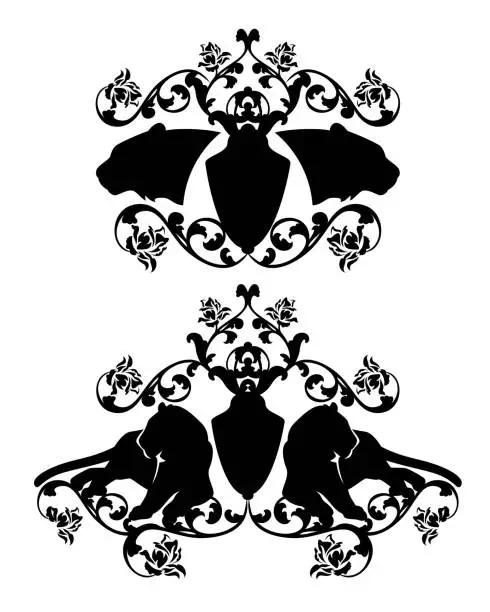 Vector illustration of tiger cat black and white vector heraldic emblem silhouette design