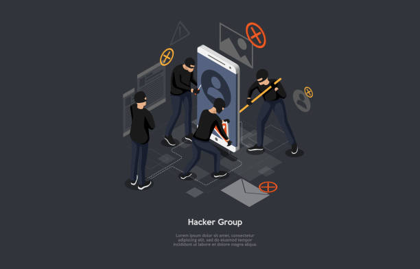 isometrisches hackerangriffskonzept. internet-hacker zusammensetzung mit hacker-gruppe schlagzeile und gruppe von dieben stehlen informationen. vektor-illustration. - computer hacker spy spam safety stock-grafiken, -clipart, -cartoons und -symbole