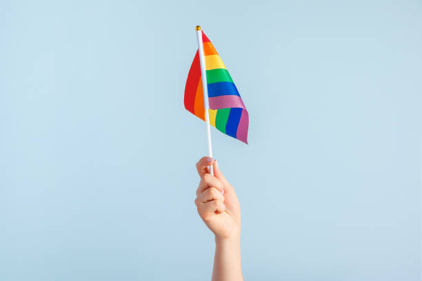 banderas gay en la mano de las mujeres sobre fondo gris - gay pride flag fotografías e imágenes de stock