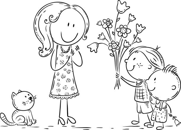 Kids presenting flowers to their mother or teacher, line art vector art illustration