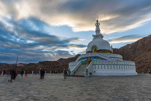 Shanti Stupa is a Buddhist white-domed stupa (chorten) on a hilltop in Chanspa, Leh district, Ladakh, in the north India.[1] It was built in 1991 by Japanese Buddhist Bhikshu, Gyomyo Nakamura and part of the Peace Pagoda mission.