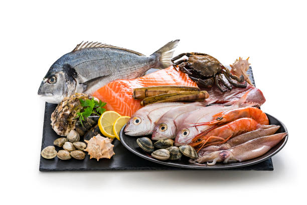 istock Group of raw seafood isolated on white background 1185850548