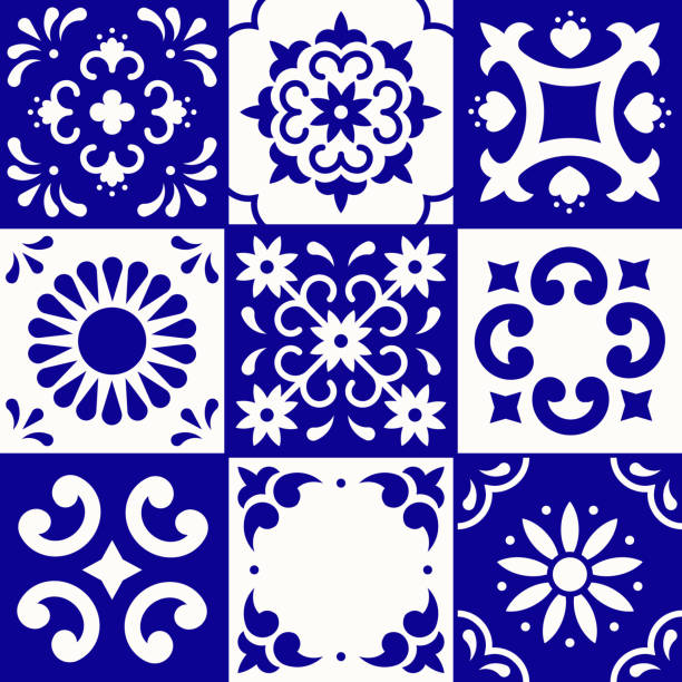 Mexican talavera pattern. Ceramic tiles in traditional style from Puebla. Mexico floral mosaic in blue and white. Folk art design. Mexican talavera pattern. Ceramic tiles in traditional style from Puebla. Mexico floral mosaic in blue and white. Folk art design italian ceramic tiles stock illustrations