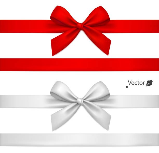 Realistic red and white bows with ribbon. Element for decoration gifts, greetings, holidays. Realistic red and white bows with ribbon. Element for decoration gifts, greetings, holidays. bow stock illustrations