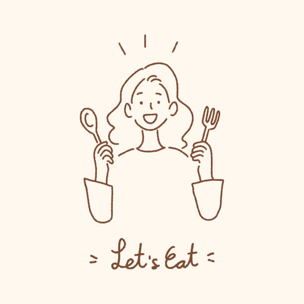 ilustraciones, imágenes clip art, dibujos animados e iconos de stock de mujer joven sosteniendo cuchara y tenedor con let's eat letras manuscritas, concepto de comer, ilustración vectorial de estilo dibujado a mano. - eating