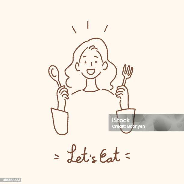 Ilustración de Mujer Joven Sosteniendo Cuchara Y Tenedor Con Lets Eat Letras Manuscritas Concepto De Comer Ilustración Vectorial De Estilo Dibujado A Mano y más Vectores Libres de Derechos de Comer