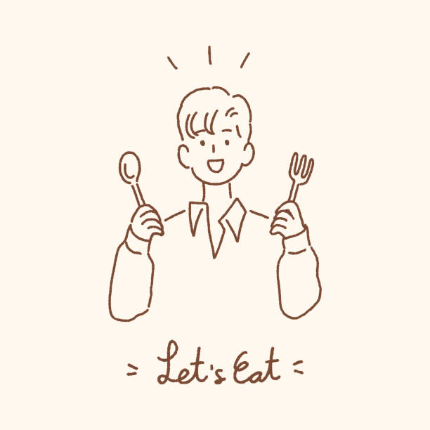 illustrations, cliparts, dessins animés et icônes de jeune homme retenant la cuillère et la fourchette avec le lettrage manuscrit de let's eat, mangeant le concept de salle à manger, illustration de vecteur de style dessiné à la main. - chef men one person cooking