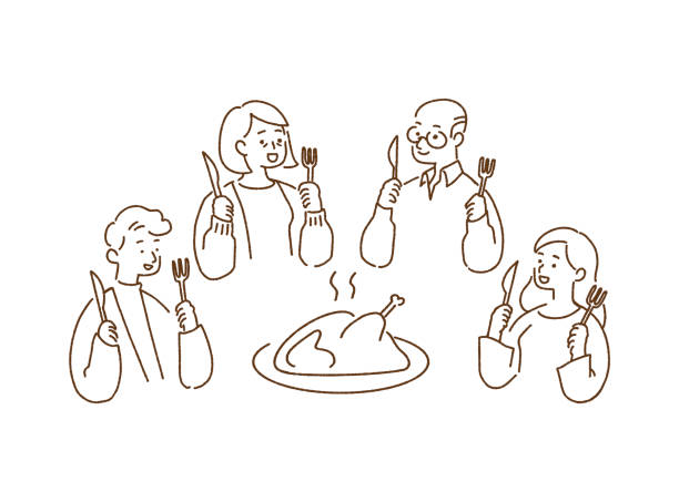 glückliches familienessen mit gebratenem truthahn, thanksgiving-konzept, handgezeichnete stil vektor-illustration. - familie essen stock-grafiken, -clipart, -cartoons und -symbole