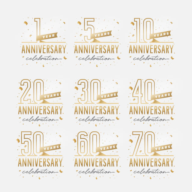 illustrazioni stock, clip art, cartoni animati e icone di tendenza di set di modelli d'oro per la celebrazione dell'anniversario. illustrazione vettoriale. - fourty five