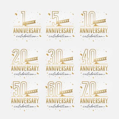 Anniversary celebration golden template set. Shiny gold numbers with confetti around. Vector illustration.