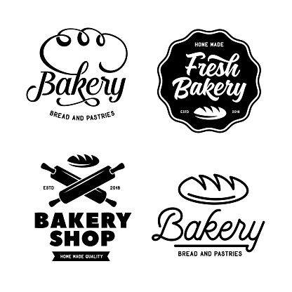 Bakery emblems set. Cooking related lettering inscriptions. Modern typography logotype templates. Vector vintage illustration.