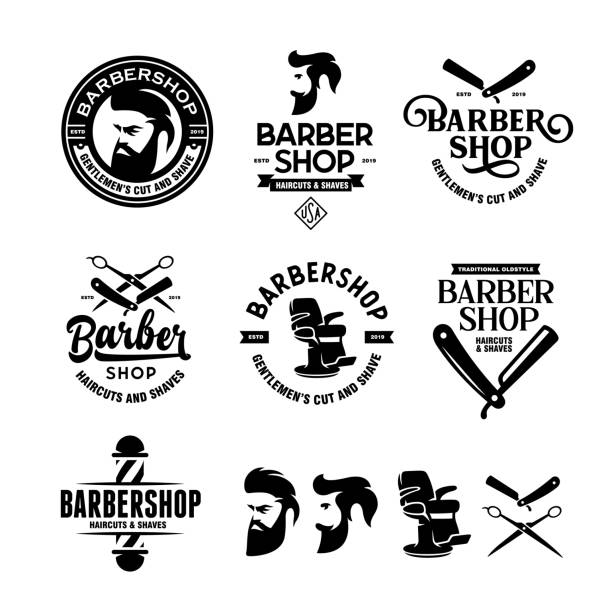 Barber shop badges set. Vector vintage illustration. Barber shop badges set. Barbers hand lettering. Design elements collection for logo, labels, emblems. Vector vintage illustration. barber shop stock illustrations