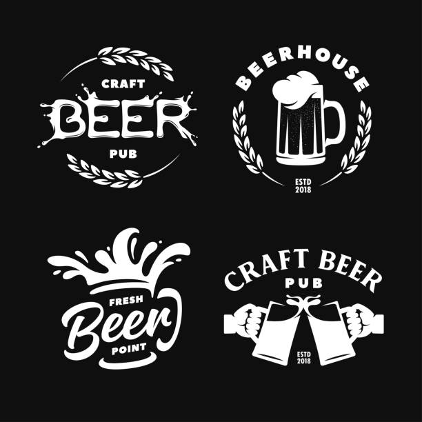 Craft beer pub emblems labels logotype set. Vector vintage illustration. Craft beer pub emblems labels logotype set. Beer house sign. Hands holding mugs. Beer foam splash. Vector vintage illustration. pub illustrations stock illustrations