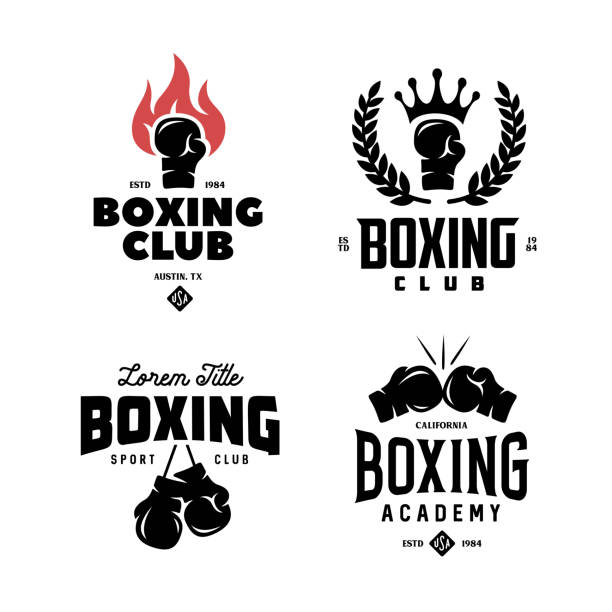 boxclub-etiketten gesetzt. vektor vintage-illustration. - boxing glove boxing glove symbol stock-grafiken, -clipart, -cartoons und -symbole