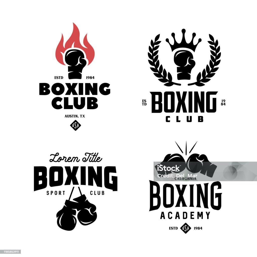 Boxing club labels set. Vector vintage illustration. Boxing club labels emblems badges set. Boxing related design elements for prints, logos, posters. Vector vintage illustration. Boxing - Sport stock vector