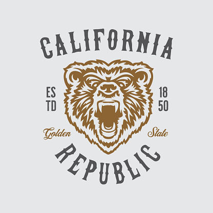California republic t-shirt design with grizzly bear head. Hand drawn graphics for prints, posters, stickers. Golden state typography. Vector vintage illustration.