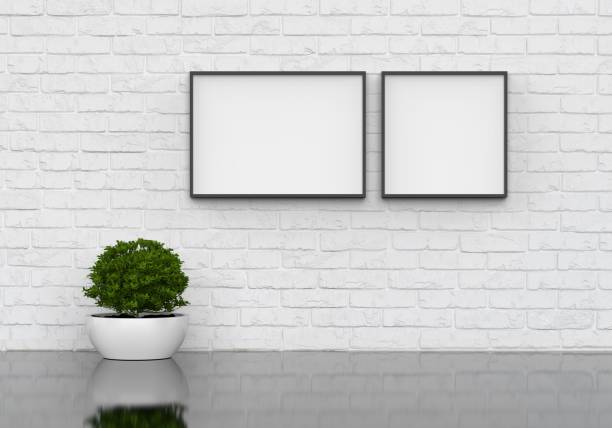 istock Interior poster mock up with square frame and plants in vase on white wall background, 3d illustration 1185859311