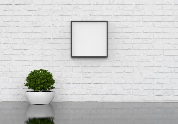 Interior poster mock up with square frame and plants in vase on white wall background, 3d illustration Living Room, Picture Frame, Plant, Poster, Home Decor square shape photos stock pictures, royalty-free photos & images