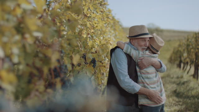 Grandfather embracing grandson in vineyard