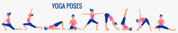 ilustraciones, imágenes clip art, dibujos animados e iconos de stock de varias posturas de yoga. estilo de vida saludable. - 4758