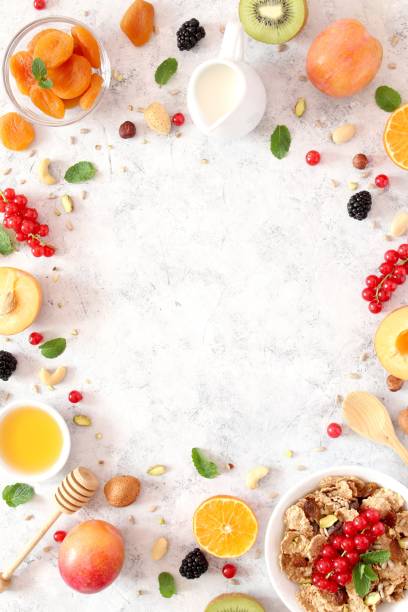 istock Healthy breakfast ingredients on light background. 1185862846